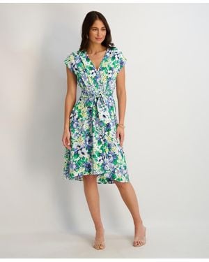 Kensie Printed V-neck Smocked-back A-line Dress - Blue