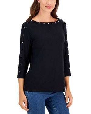 Karen Scott Studded 3/4-sleeve Boat-neck Cotton Top - Black