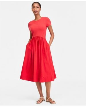 On 34th Short-sleeve Curved-waist Mixed-media Midi Dress - Red