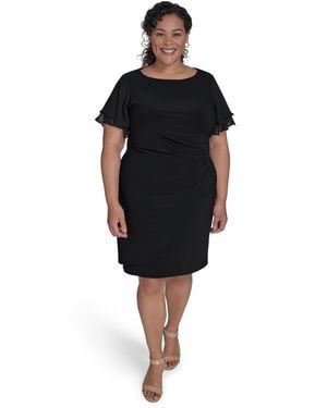 Jessica Howard Plus Size Flutter-sleeve Shirred Dress - Black