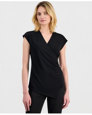 Anne Klein Cap Sleeve Faux Wrap Top - Black