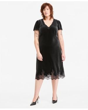 And Now This Plus Size V-neck Short-sleeve Lace-trim Midi Slip Dress - Black