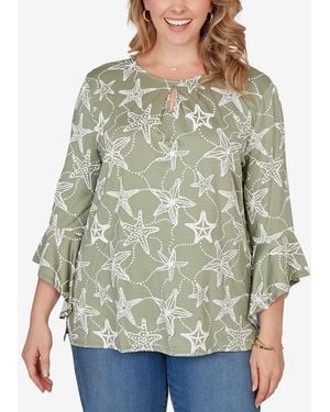 Ruby Rd. Plus Size Starfish Puff Print Flutter Sleeve Top - Green