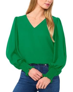 Cece Long-sleeve Smocked-cuff V-neck Blouse - Green