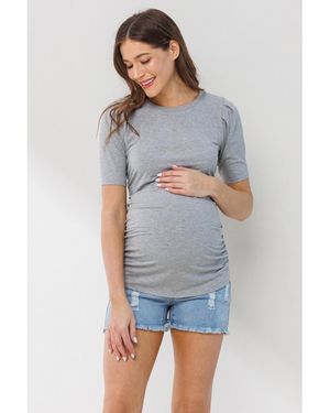 Hello Miss Maternity Ribbed Ruched Short Sleeve Puff Top - Blue