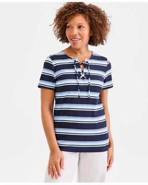 Style & Co. Striped Lace-up Short-sleeve Top - Blue