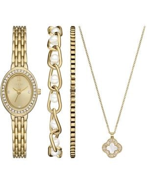 Folio Quartz Three-hand Alloy Watch Set - Metallic