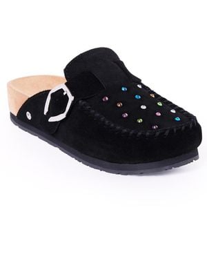 Minnetonka Rhinestone Suede Adjustable Buckle Clogs - Black