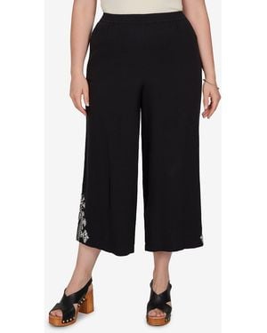 Ruby Rd. Plus Size Embroidered Gauze Relaxed Elastic Waist Pants - Black