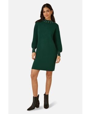 Yumi' Bead Detail Knitted Sweater Dress - Green
