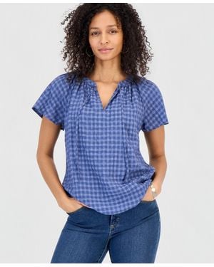 Style & Co. Seersucker Split-neck Flutter Sleeve Top - Blue