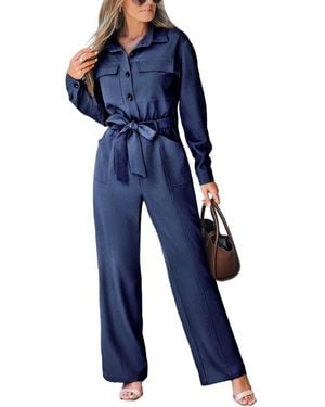 CUPSHE V Neck Button-up Front Tie Waist Jumpsuit - Blue
