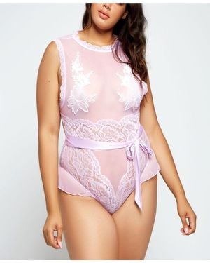 iCollection Floral Applique Lace And Mesh Bodysuit Lingerie - Purple