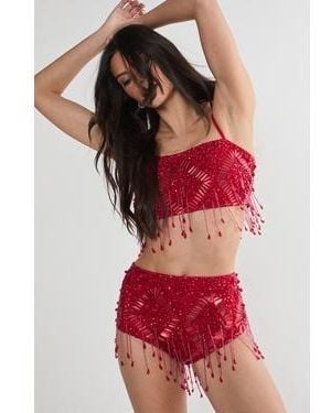 Nasty Gal Diamante Embellished Tassel Beaded Crop Top Booty Shorts - Red