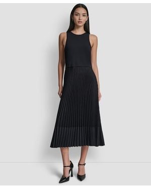 DKNY Pleated Crewneck Window Pane Dress - Black