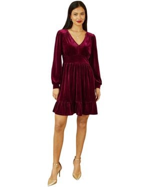 Yumi' Velvet Long Sleeve Skater Dress - Red