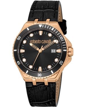 Roberto Cavalli Quartz Leather Strap Watch - Black