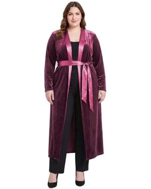 Standards & Practices Plus Size Velvet Wrap Satin Belt Long Coat - Red