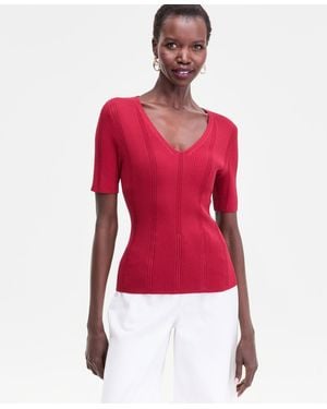 INC International Concepts V-neck Short Sleeve Ribbed Knit Sweater - Red