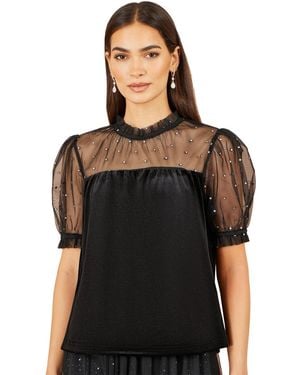 Yumi' Embellished Velvet Mock-neck Top - Black
