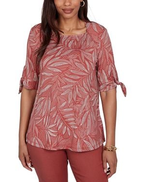 Ruby Rd. Petite Leaf Puff Print Knit Tie Sleeve Top - Red