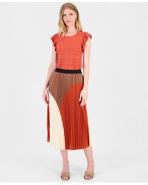 Tahari Pleated Pull-on Midi Flare Skirt - Red