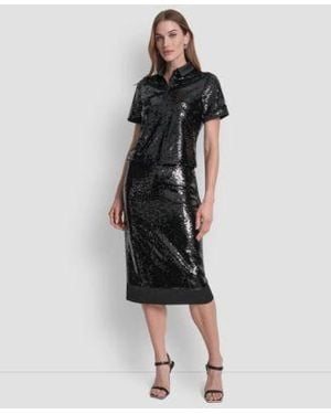 DKNY Sequin Detail Collared Top Sequin Detail Skirt - Black