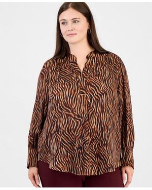Anne Klein Plus Size Long-sleeve V-neck Pleat-front Blouse - Brown