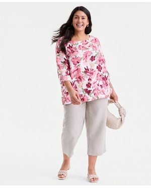 Charter Club Plus Size 100% Linen Cropped Pants - Red