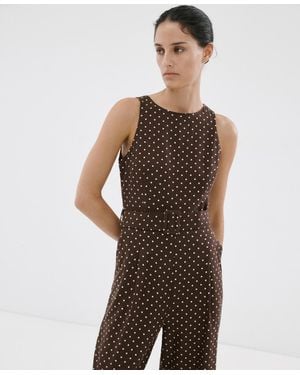 Mango Polka-dot Belted Linen Jumpsuit - Brown