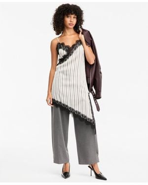 BarIII Pinstripe V-neck Lace-trim Satin Dress - White