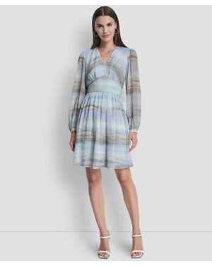 DKNY V-neck Smocked Waist Fit And Flare Dress - Blue
