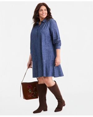Style & Co. Plus Long-sleeve Peplum Cotton Shirt Dress - Blue