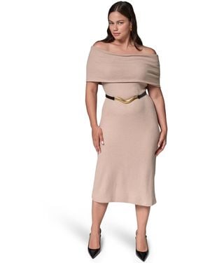 Donna Karan Plus Size Off-the-shoulder Short-sleeve Belted Sweater Knit Midi Dress - Pink