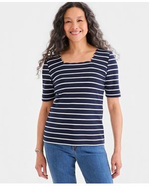Style & Co. Striped Scalloped Square-neck Top - Blue