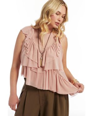 June + Vie June And Vie Asymmetric Ruffle Mesh Top - Pink