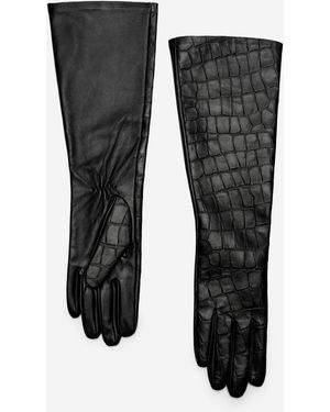 Mango Long Crocodile-effect Leather Gloves - Black