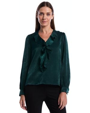Rafaella Petite Puff-sleeve V-neck Ruffle Blouse - Green