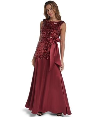 Eliza J Sequin Ball Gown Boat Neck Dress - Red