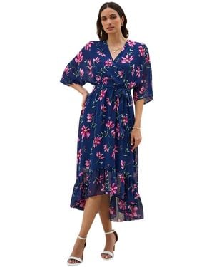 Yumi' Floral Kimono Wrap Dipped Hem Midi Dress - Blue