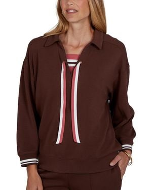 Ruby Rd. Petite Stripe Trim Drawstring Pullover Top - Brown