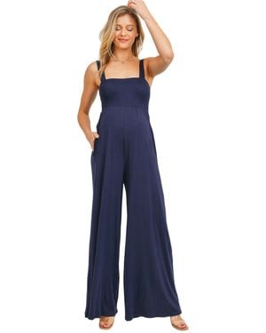 Hello Miss Maternity Sleeveless Smocked Bodice Wide-leg Jumpsuit - Blue