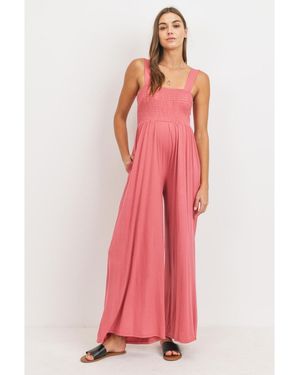 Hello Miss Maternity Sleeveless Smocked Bodice Wide-leg Jumpsuit - Pink