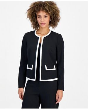 Kasper Crepe Contrast Trim Flap Pocket Cardigan Jacket - Blue