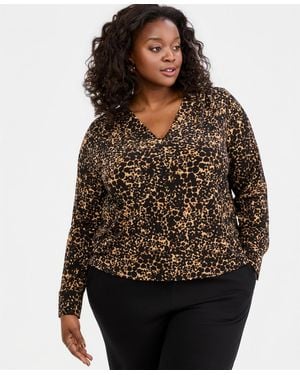INC International Concepts Plus Size Animal Print V-neck Long-sleeve Top - Black