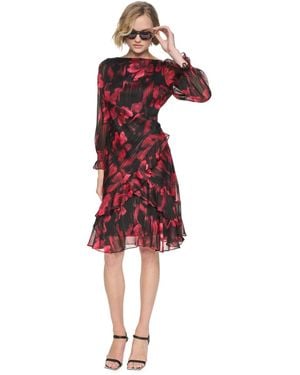 DKNY Boat-neck Long-sleeve Floral-print Dress - Red