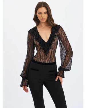 Miss Circle Taliah Sheer Lace Ruffled Collar Bodysuit - Black