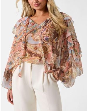 Guess Paisley Ruffle Long-sleeve V-neck Top - Brown
