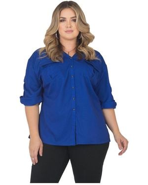 Standards & Practices Plus Size Button-down Roll-up Sleeves Shirt - Blue