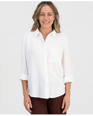 Style & Co. Petite Perfect Button-front Roll-tab Cotton Shirt - White